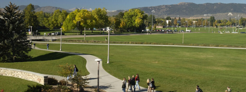 The Colorado State University Campus looking west across the West Lawn of the Lory Student Center.